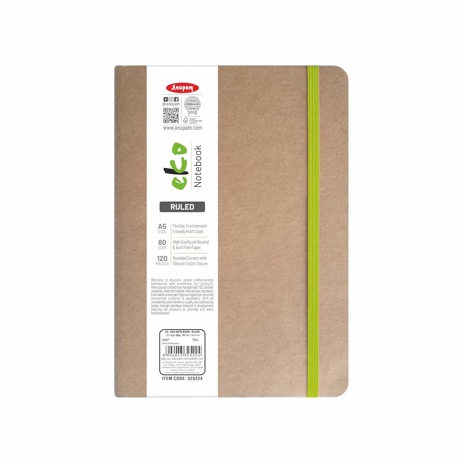 Anupam Eco friendly Eko Writing Journal With Kraft Paper Cover-Binding Stitches-A5-80 GSM-(120 Pages)